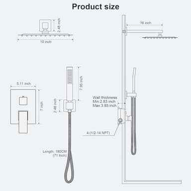 FPXRNG Shower Faucet Set Bathroom Square Rain Shower Head and Handle Set, Wall Mounted Shower Fixtures, Full Metal Trim Repair Kit 10 inch Brushed Nickel (With Shower Valve) - Image 7