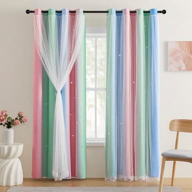 XiDi Pink & Rainbow Curtains for Kids & Girl Rooms - Blackout, Unicorn Wall Decals, Blue & Green, 34x84 Inch - Image 1