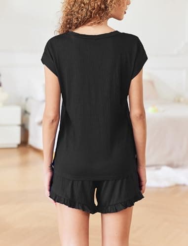 Ekouaer Womens Pajama Set Cap Sleeve Tops and Ruffle Shorts Lounge Set 2 Piece Pj Sets Casual Sleepwear with Pockets Black - Image 5