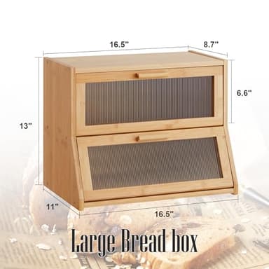 GHWIE Double Layer Bamboo Bread Box for Kitchen Counter,Large Capacity Bread Storage Bin,Bread Container with Acrylic Wavy Door Panel (Natural, Medium) - Image 2