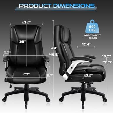 VITESSE 600lbs Big and Tall Office Chair with Flip up Armrest, Large Heavy Duty with Ergonomic Lumbar Support, Executive Office Chair for Heavy People with Quiet Rubber Wheel (Black) - Image 3
