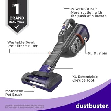 BLACK+DECKER dust buster Handheld Vacuum Cordless Rechargeable Pet Hair, Portable Home and Car Vacuum, Powerful Suction , Washable Bowl and Filter, furbuster AdvancedClean+ (HHVK515JP07) - Image 3