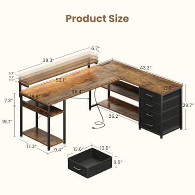 AODK 53" L Shaped Desk with Drawer, Computer Desk with Power Outlets & LED Lights, Reversible Corner Gaming Desk for Home Office Workstation, Office Desk with Monitor Shelf, Vintage - Image 3