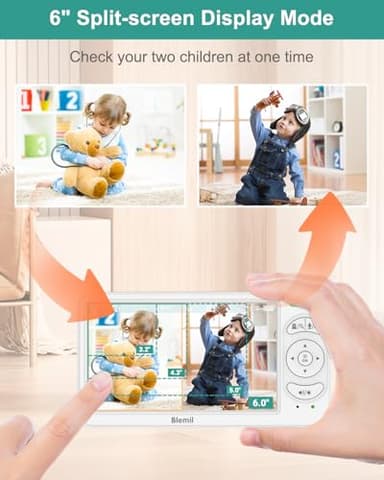 Blemil 6" Baby Monitor with 2 Cameras 4000mAh Battery Upgrade Split Screen Video Baby Monitor No WiFi Remote Pan-Tilt-Zoom Auto-Night Vision 150 Languages ECO Mode 2-Way Talk 1000FT (Ideal Condition) - Image 2