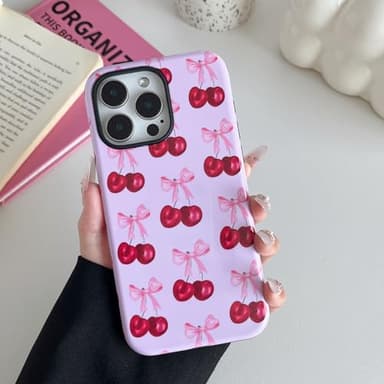 DEFBSC Case for iPhone 14 Pro, Cute Pink Bow Cherry Print Aesthetic Trendy Pattern for Women Girls Slim Durable Bumper Shockproof for iPhone 14 Pro Case, Cherry/Glossy - Image 2