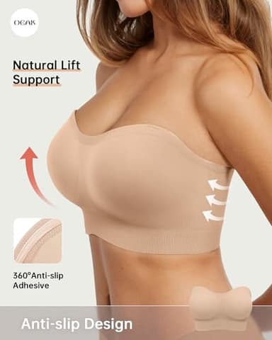 OEAK Strapless Bras for Women Wireless Bandeau Bra Non Slip Push Up Tube Top Seamless Bras Comfortable Padded Bralette Nude S - Image 2