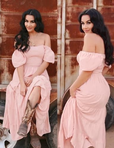 ZESICA Women's 2025 Summer Square Neck Short Puff Sleeve Solid Color High Waist Casual Smocked Flowy A Line Tiered Midi Dress,Pink,Medium - Image 6