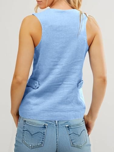 Tankaneo Womens Scoop Neck Blazer Vest Summer Linen Sleeveless Fitted Waistcoat Work Casual Cotton Suit Tops - Image 5