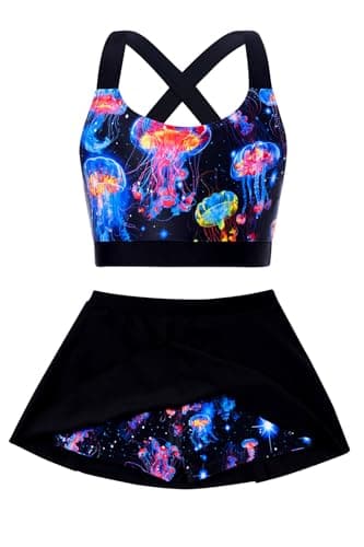 Cutemile Bathing Suit Size 8-9 Girls Jellyfish Swimsuit with Boyshorts Black Tankini UPF 50+ Sleeveless Swimwear 8-9 Years - Image 1