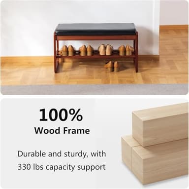 Solid Wood Shoe Bench, 2-Tier Wooden Entryway Bench, Modern Shoe Rack with Faux Leather Cushion for Hallway, Living Room (Black, 31.5'') - Image 5