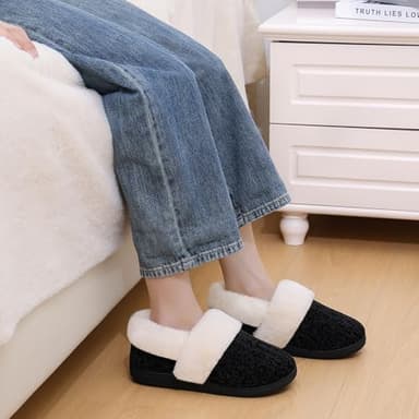 Evshine Women's Fuzzy Memory Foam Slippers, Closed Back Knit Bedroom Slippers, Slip-On Warm House Shoes for Indoor & Outdoor Comfort, Black/White, 44-45 (Size 11.5-12) - Image 5