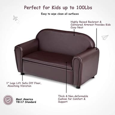 Costzon Kids Couch, 2 in 1 Double Seat Children's Sofa w/Under Seat Storage, PU Leather Surface, Toddler Armrest Chair, Kids Room, Soft Sofa with Storage for Preschool Baby Boys Girls Gifts - Image 6