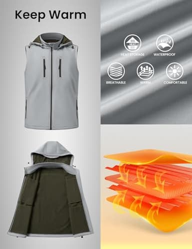 3rd hill Men Vest Outerwear Windproof Vests Fleece Sleeveless Jacket with Detachable Hood for Golf Hiking Grey XXL - Image 2
