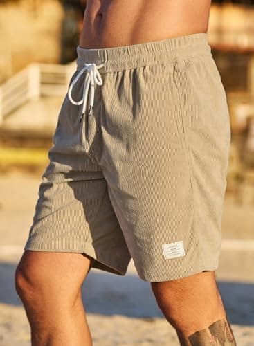 JMIERR Men's Corduroy Shorts Casual Elastic Waist Drawstring Lightweight Summer Beach Shorts for Resort Wear 38 (X-Large) Parchment - Image 4