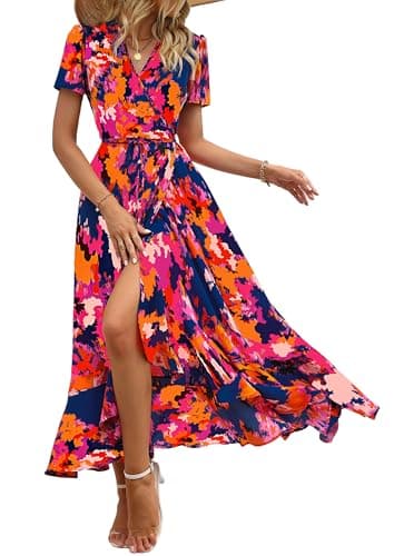 PRETTYGARDEN Women's Summer Wrap Maxi Dress Casual Boho Floral V Neck Short Sleeve Ruffle Hem Split Beach Long Dresses (Blue Orange Floral,Small) - Image 1