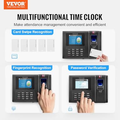 VEVOR Time Clock, Employee Attendance Machine with Fingerprint, RFID and PIN Punching in One, Standalone Biometric Clock in Machine for Employees Small Business with 5 RFID Cards & No Monthly Fees - Image 2