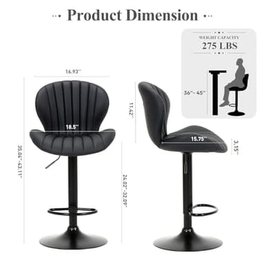 COLAMY Bar Stools Set of 2, Modern Swivel Bar Chairs, Adjustable Faux Leather Upholstered Barstools Counter Height with High Backrest for Bar, Kitchen Island, Dining Room, Black - Image 2