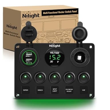Nilight - 90125E 5 Gang Multi Function Rocker Switch Green Backlit Dual USB Charger + Digital Voltmeter +12V Outlet Pre-Wired Switch Panel with Inline Fuse for RVs Cars Boats Trucks Trailers - Image 1