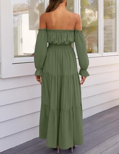 ZESICA Women's 2025 Boho Sexy Off Shoulder Long Sleeve Smocked High Waist Side Split Flowy A Line Tiered Long Maxi Dress,Olive,Medium - Image 4