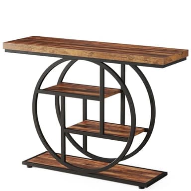 Tribesigns 41.3" Console Table, Industrial 4-Tier Sofa Table Entryway Table with Circle Base, Narrow Wood Accent Tables with Storage Shelves for Living Room, Hallway, Foyer, Rustic Brown - Image 9