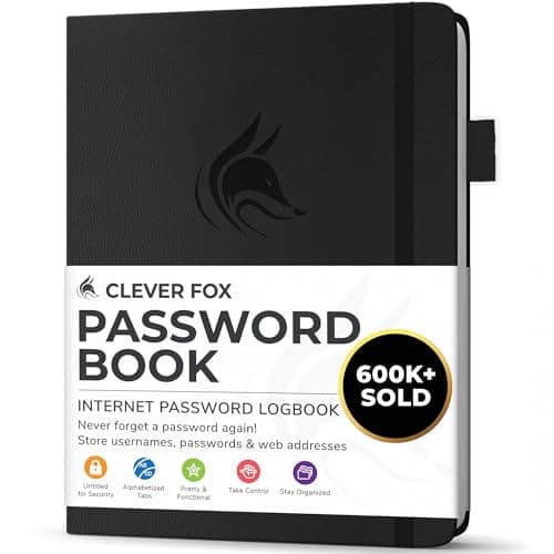 Clever Fox Password Book with alphabetical tabs. Internet Address Organizer Logbook. Small Pocket Password Keeper for Website Logins (Black) - Image 1