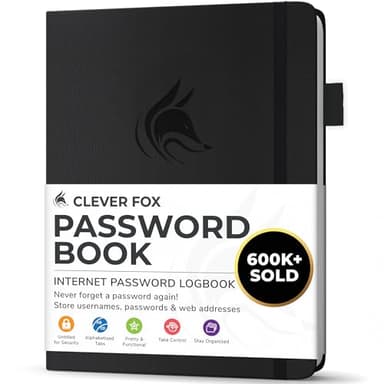 Clever Fox Password Book with alphabetical tabs. Internet Address Organizer Logbook. Small Pocket Password Keeper for Website Logins (Black) - Image 1