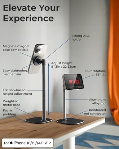 COOPER MagStand - Adjustable Magnetic iPhone Stand for Desk & Phone Holder for Video Recording, Compatible with MagSafe, Stand for iPhone 17 Pro Max, 16/15/14/13/12, Small Mag Safe Tripod (Black) - Image 6