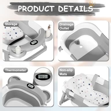 TPN Collapsible Baby Bathtub, Baby Bath Tub with Soft Cushion & Real-Time Thermometer, Baby Bathtub Infant to Toddler Tub (0-36 Months), Portable Newborn Travel Bath tub - Image 7