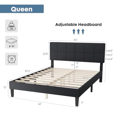 DUMOS Queen Bed Frame with Headboard, Wood Queen Platform Bed No Box Spring Needed, Fabric Upholstered Bed Frame with Adjustable Headboard, 800LBS Support,Noise Free, Dark Grey - Image 2