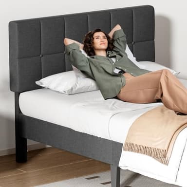 Sweetcrispy Twin Size Wood Bed Frame - Linen Upholstered Platform Bed with Headboard, No Box Spring Needed with 800LBS Sturdy Wooden Slats Support, Noise Free, Easy Assembly, Dark Grey - Image 8
