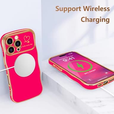 LCHULLE for iPhone 16 Pro Max Case for Women Girls, Cute Wave Frame Curly Shape with Love Heart Raised Camera Protection Cover Luxury Plating Shockproof Phone Case for iPhone 16 Pro Max, Hot Pink - Image 5