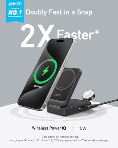 Anker MagGo 3 in 1 iPhone 17 Charging Station, MagSafe-Compatible Wireless Charger Stand, Qi2 Certified 15W Foldable Charger for iPhone 17/16/15/14/13/12, AirPods, Apple Watch Ultra(Adapter Included) - Image 2