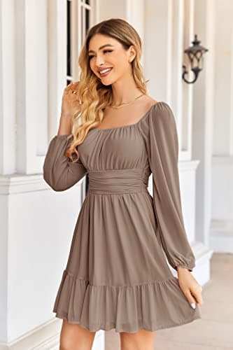 Wenrine Women's Mesh Long Sleeve Square Neck Dress High Waist A Line Ruffle Hem Flowy Casual Party Mini Dress - Image 3