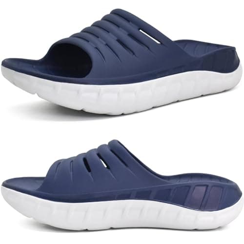 KuaiLu Mens Recovery Sandals Sport Comfortable Arch Support Athletic Cushion Walking Slides Orthopedic Plantar Fasciitis Open Toe Slip On Wide Width Summer Beach Waterproof Slippers Blue White Size 11 - Image 1