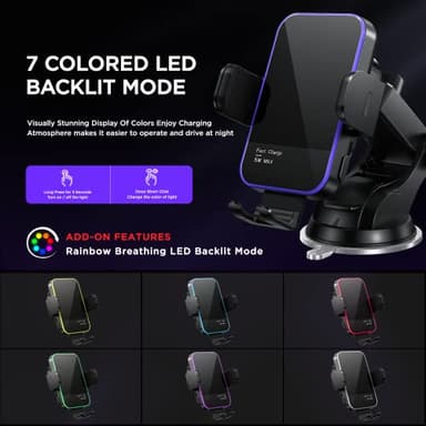 Wireless Car Charger,【7 Colored RGB Backlit】 Mosurr 15W Auto Clamping Phone Holders for Your car fit for iPhone 16 15 14 Mini Pro Max, Samsung Galaxy S25 Ultra S24 S23+, etc, Fathers Day for Gifts - Image 2