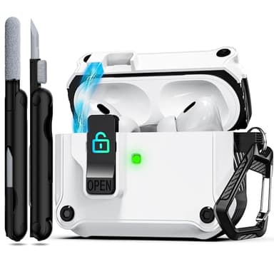 RFUNGUANGO for AirPods Pro Case Cover with Secure Lock Clip, Automatic Pop-up Case Full-Body Shockproof Hard Protective Cover for AirPods Pro 2023/2022/2019 - White - Image 1