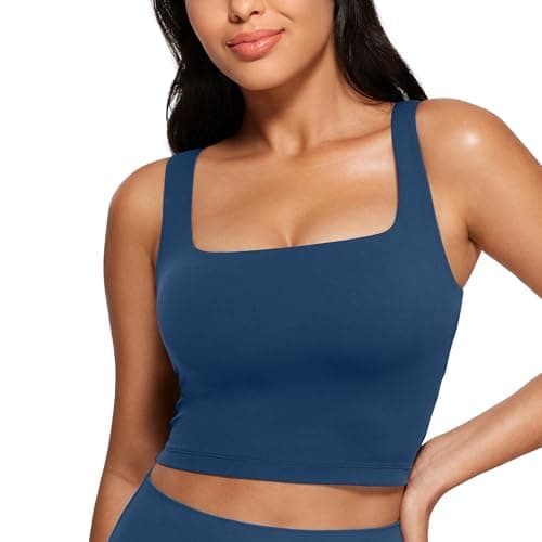 CRZ YOGA Butterluxe Womens Square Neck Longline Sports Bra - Workout Crop Tank Tops Padded Yoga Camisole with Built in Pads French Navy Small - Image 1