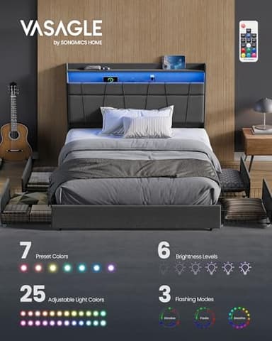 VASAGLE Queen Bed Frame with 51.4 Inch Tall Storage Headboard, Bed Frame Queen Size with 4 Storage Drawers on Wheels, LED Lights, Charging Station, No Box Spring Needed, Modern, Dark Gray URMB891G02 - Image 3