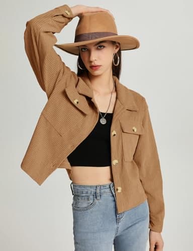 Flygo Womens Fashion Cropped Jacket Corduroy Button Down Shirt Shacket Jackets Lightweight Spring Jackets 2025 Trendy(Khaki-XS) - Image 2