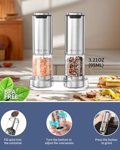 CIRCLE JOY Rechargeable Electric Salt and Pepper Grinder Set with Base, Stainless Steel Pepper Mills with 95ml Container, White LED Light and External Adjustable Coarseness, Silver - Image 4