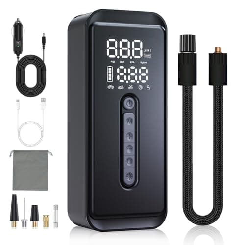 Yeaban Tire Inflator Portable Air Compressor-4X Faster 150 PSI -Rechargeable Battery & 12V DC Dual Power Supply, Smart Air Pump for Car Motorcycle Bicycle Ball with LED SOS Lighting (Black) - Image 1