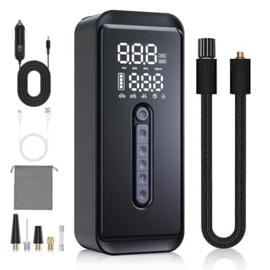 Yeaban Tire Inflator Portable Air Compressor-4X Faster 150 PSI -Rechargeable Battery & 12V DC Dual Power Supply, Smart Air Pump for Car Motorcycle Bicycle Ball with LED SOS Lighting (Black) - Image 1