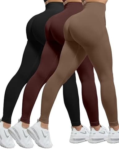 CHRLEISURE Workout Leggings Sets for Women, Gym Scrunch Butt Butt Lifting Seamless Leggings 3 Piece (Black,Cassis,Brown, L) - Image 1