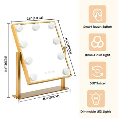 BWLLNI Vanity Mirror with Lights, Hollywood Mirror Lighted Makeup Mirror with 9 LED Bulbs, Touch Control Design 3 Colors Dimmable Bulbs Detachable 10X Magnification 360°Rotation(Gold) - Image 7