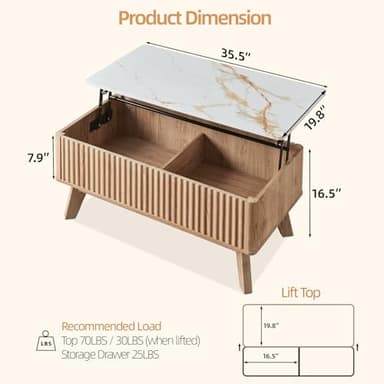 Auzonimics Lift Top Coffee Table with Faux Marble Tabletop, Mid Century Modern Coffee Table for Living Room,Wooden Fluted Rising Pull up Entertainment Center with Hidden Storage Drawer for Office, Oak - Image 2
