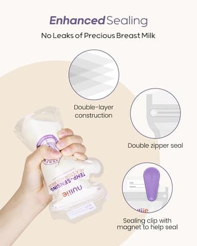 Nuliie 150pcs Temp-Sensing Breastmilk Storage Bag, Huge Temp-Sensing Icon & Locking Clamp, 6oz Breast Milk Storage Bags Freezer Pour Spout, Self Standing Milk Storage Bags Breastmilk, BPA-Free No-Leak - Image 4