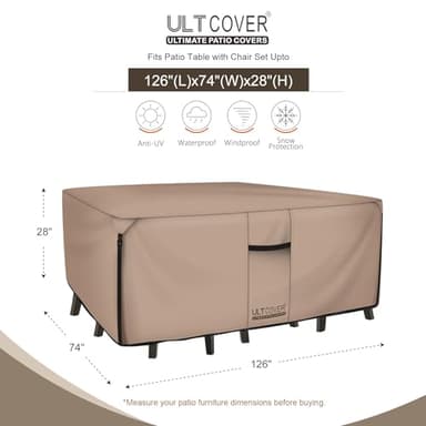 ULTCOVER Rectangular Patio Heavy Duty Table Cover - 600D Tough Canvas Waterproof Outdoor Dining Table and Chairs General Purpose Furniture Cover Size 126L x 74W x 28H inch - Image 2