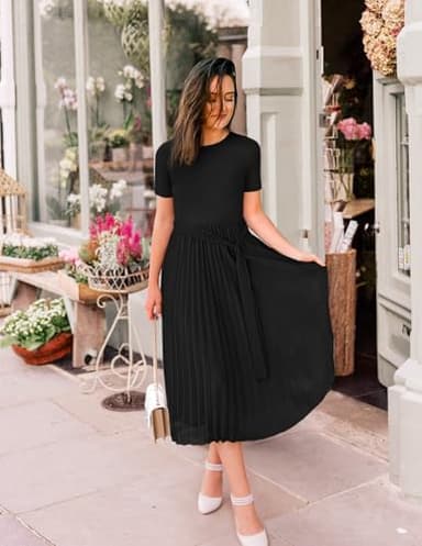 ZESICA Womens 2025 Summer Short Sleeve Midi Dresses Casual Crew Neck Knit Belted Pleated A Line Flowy Wedding Guest Dress,Black,Large - Image 5