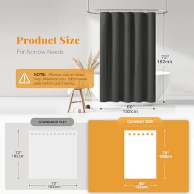 BTTN 60 Inch Stall Fabric Shower Curtain - Linen Cloth Heavy Duty Shower Curtain Set with 10 Plastic Hooks, Narrow Waterproof Decorative Bath Curtains for Bathroom and Bathtubs - 60x72 - Charcoal Grey - Image 3