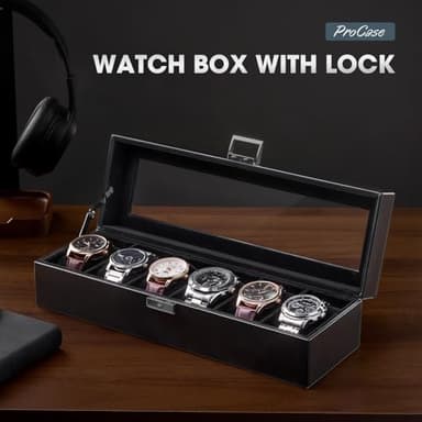 ProCase 6 Slot Watch Case Box for Men, PU leather Man Watch Organizer with Soft Pillow, Lockable Watch Collection Storage Holder with Glass Display Lid -AllBlack - Image 6
